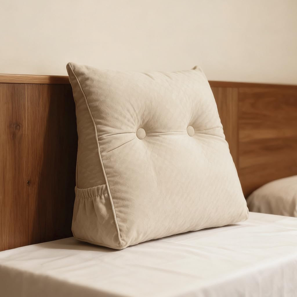 Triangular Headboard Pillow with Removable Cover & Side Pockets, Twin Bed Wedge Pillow for Headboard, Daybed Sitting Backrest Reading Pillow Bolster Cushion for Bed Support, Beige