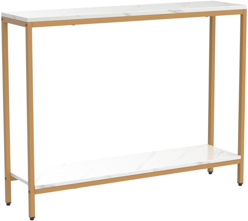 loglus Console Table for Entryway, Faux Marble MDF Indoors Sofa Table with Golden Frame for Small Rooms, Double Layer, White Marble, 9.45" D x 38.19" W x 29.72" H