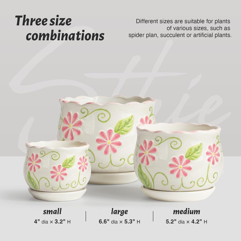 STHIE Pink Ceramic Flower Pots, 4"+5.2"+6.6" Inch Small Flower Pots for Indoor Plant with Drainage Hole,Modern Decorative Plant Pots Set of 3, Indoor Planters with Saucer
