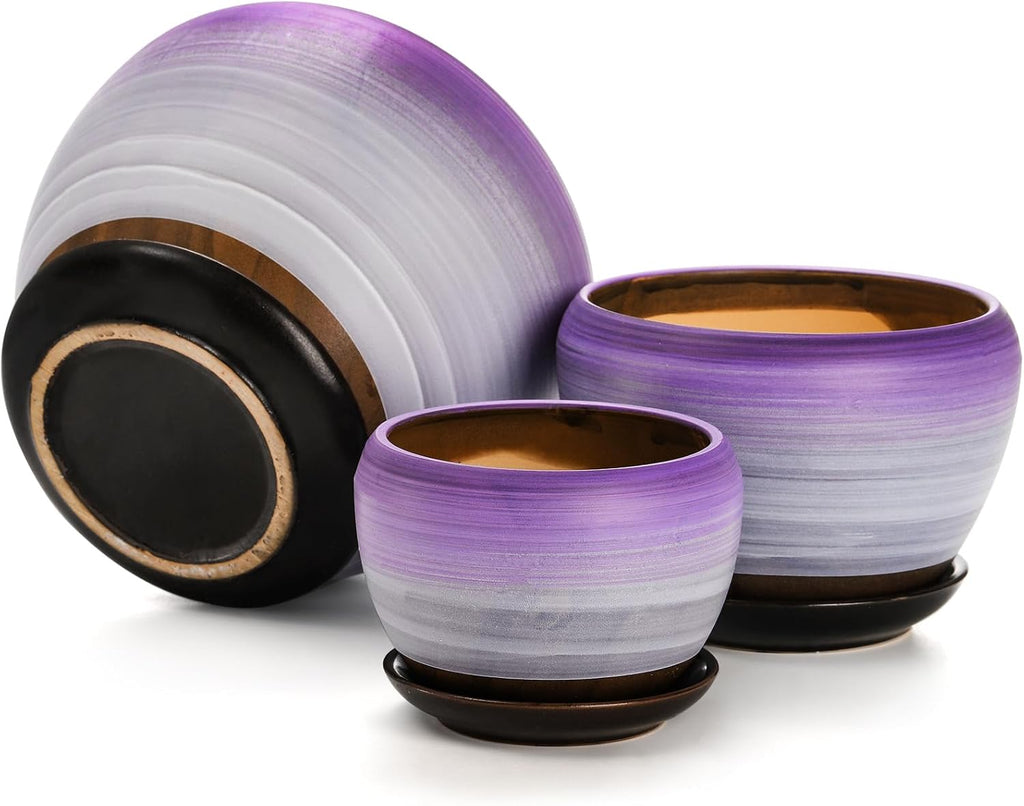 SOUJOY Set of 3 Ceramic Flower Pots, Gardening Plant Pot with Drainage Holes and Saucer, 7/5/4 inch Purple Round Succulent Herbs Cactus Planter for Indoor Outdoor
