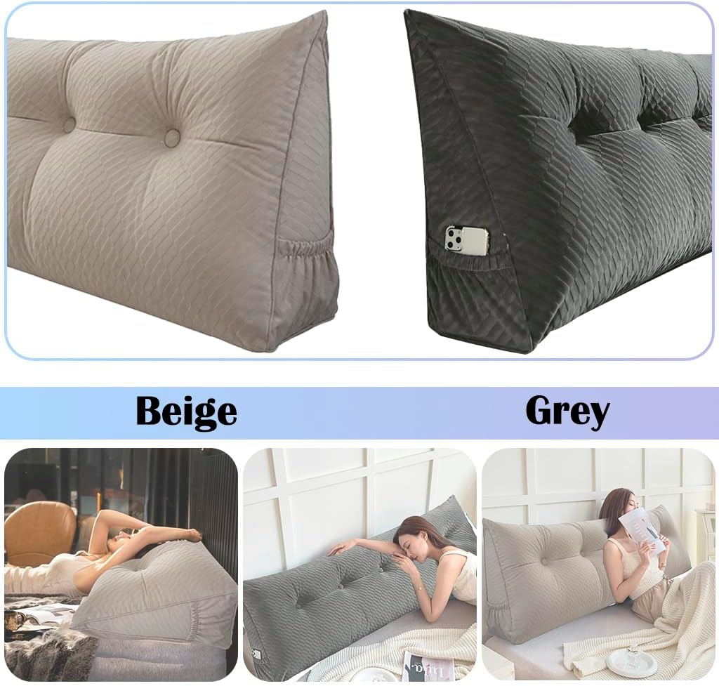 Triangular Headboard Pillow with Removable Cover & Side Pockets, Twin Bed Wedge Pillow for Headboard, Daybed Sitting Backrest Reading Pillow Bolster Cushion for Bed Support, Beige