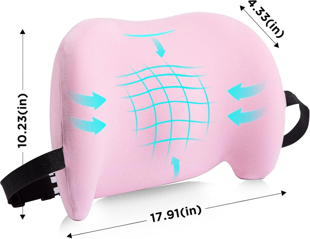Lumbar Support Pillow for Office Chair, Car Lumbar Pillow Lower Back Pain Relief, Memory Foam Back Cushion with Adjustable Straps, Ergonomic Chair Back Pillow for Gaming Chair, Car, Bed (PINK)