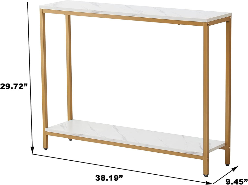 loglus Console Table for Entryway, Faux Marble MDF Indoors Sofa Table with Golden Frame for Small Rooms, Double Layer, White Marble, 9.45" D x 38.19" W x 29.72" H