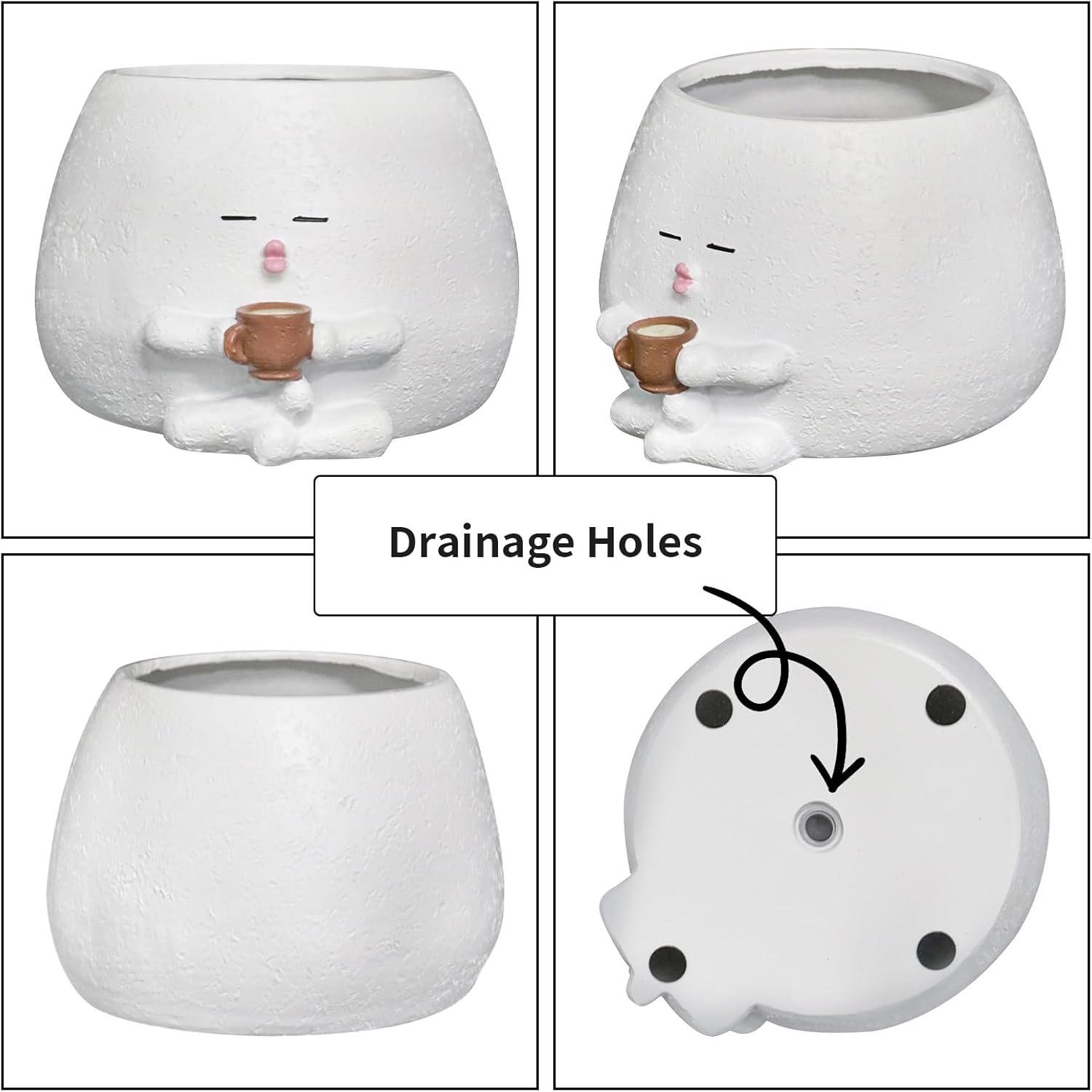 Smily Face Planter Pot with Coffee Cup Cute Resin Flower Head Planters for Indoor Outdoor Unique Sit Succulent Pots with Drainage Hole Gift IdeaI for Mother Christmas (White)