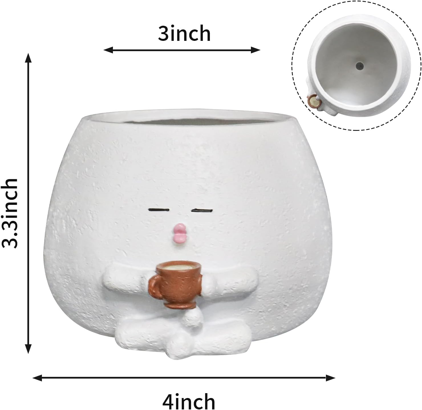 Smily Face Planter Pot with Coffee Cup Cute Resin Flower Head Planters for Indoor Outdoor Unique Sit Succulent Pots with Drainage Hole Gift IdeaI for Mother Christmas (White)