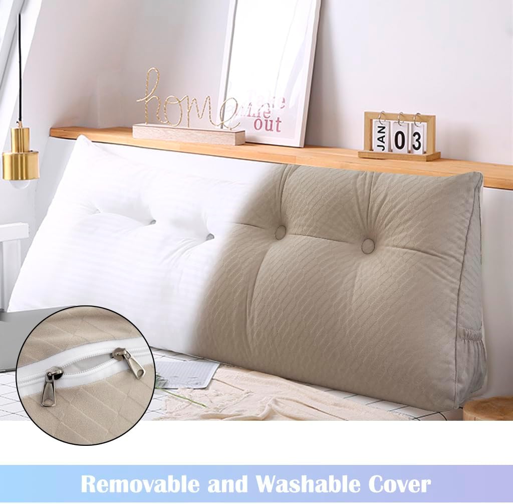Triangular Headboard Pillow with Removable Cover & Side Pockets, Twin Bed Wedge Pillow for Headboard, Daybed Sitting Backrest Reading Pillow Bolster Cushion for Bed Support, Beige