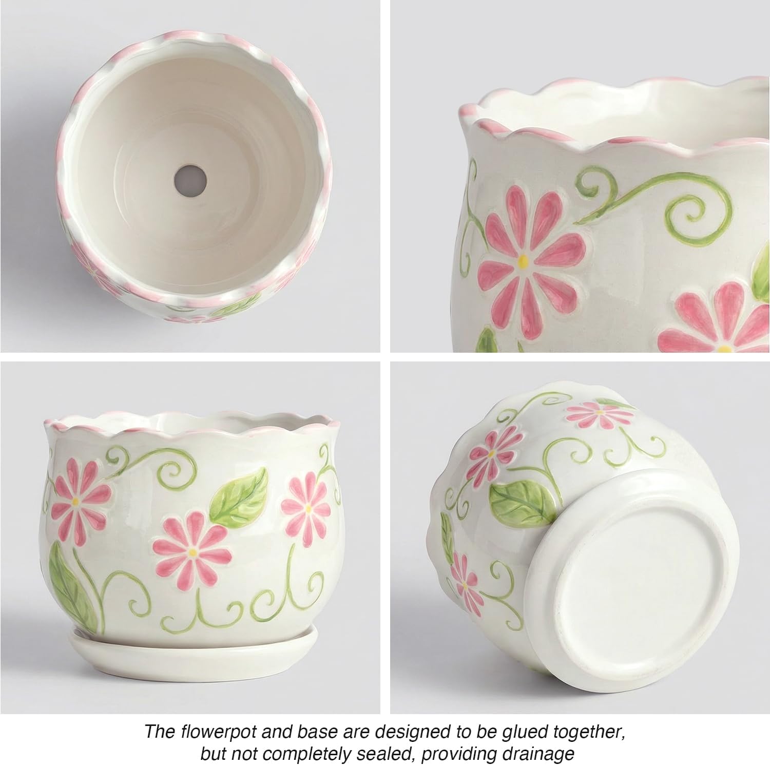 STHIE Pink Ceramic Flower Pots, 4"+5.2"+6.6" Inch Small Flower Pots for Indoor Plant with Drainage Hole,Modern Decorative Plant Pots Set of 3, Indoor Planters with Saucer