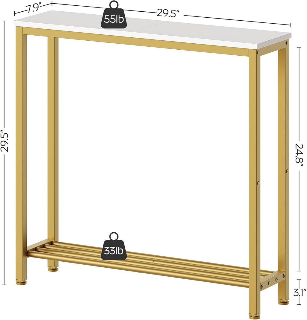 YATINEY Narrow Console Table, 2-Tier Small Sofa Table, 29.5" Thin Entryway Behind Couch Table with Shelves, Industrial Hallway Table, for Living Room, Foyer, White and Gold CT03DW