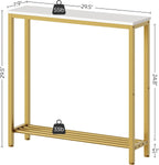 YATINEY Narrow Console Table, 2-Tier Small Sofa Table, 29.5" Thin Entryway Behind Couch Table with Shelves, Industrial Hallway Table, for Living Room, Foyer, White and Gold CT03DW