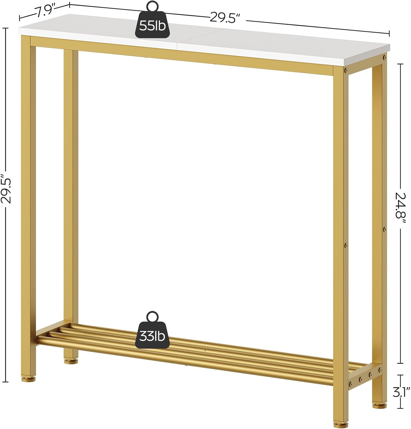 YATINEY Narrow Console Table, 2-Tier Small Sofa Table, 29.5" Thin Entryway Behind Couch Table with Shelves, Industrial Hallway Table, for Living Room, Foyer, White and Gold CT03DW