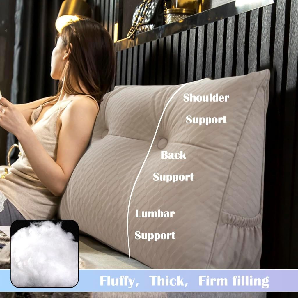 Triangular Headboard Pillow with Removable Cover & Side Pockets, Twin Bed Wedge Pillow for Headboard, Daybed Sitting Backrest Reading Pillow Bolster Cushion for Bed Support, Beige