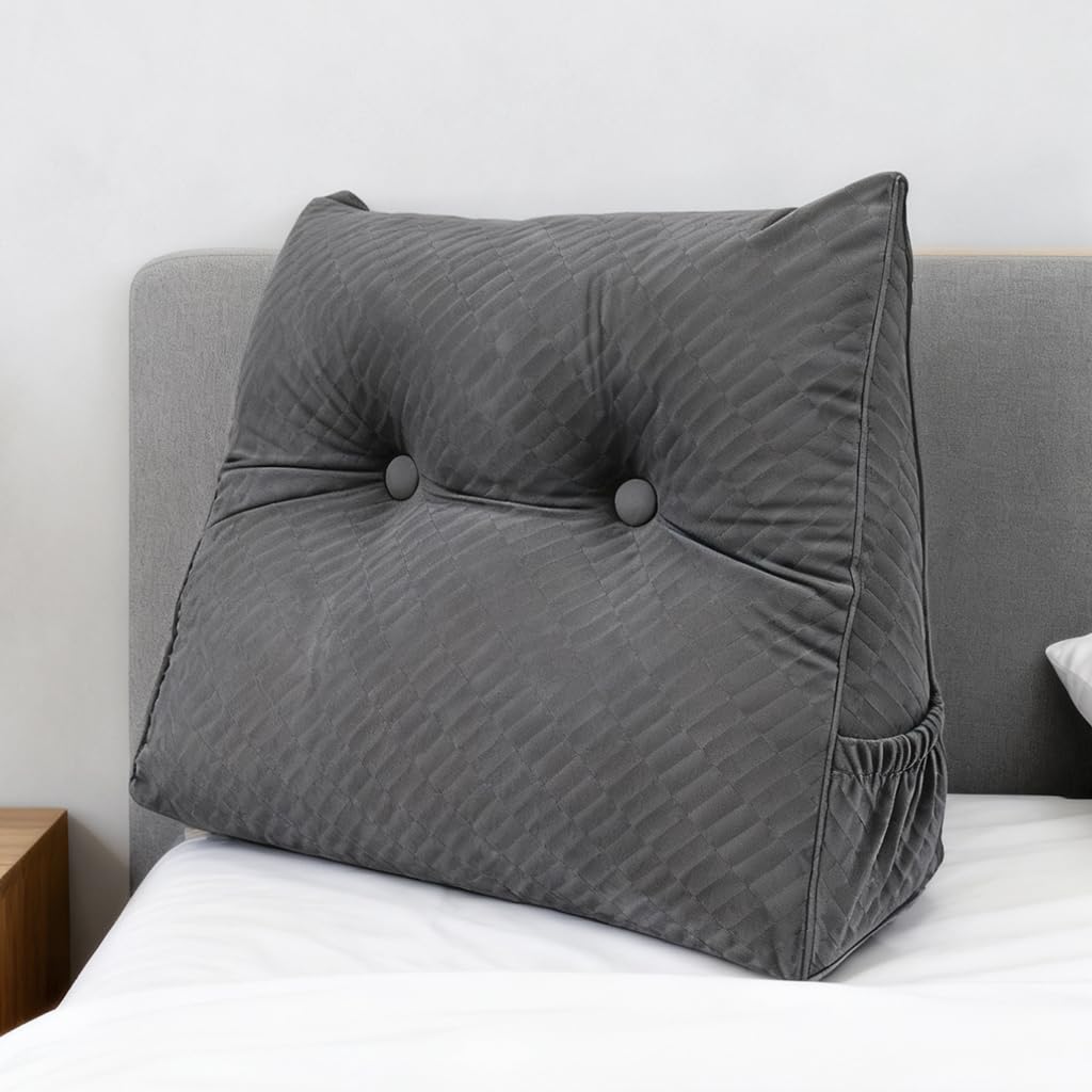 Triangular Headboard Pillow with Removable Cover & Side Pockets, Twin Bed Wedge Pillow for Headboard, Daybed Sitting Backrest Reading Pillow Bolster Cushion for Bed Support, Beige