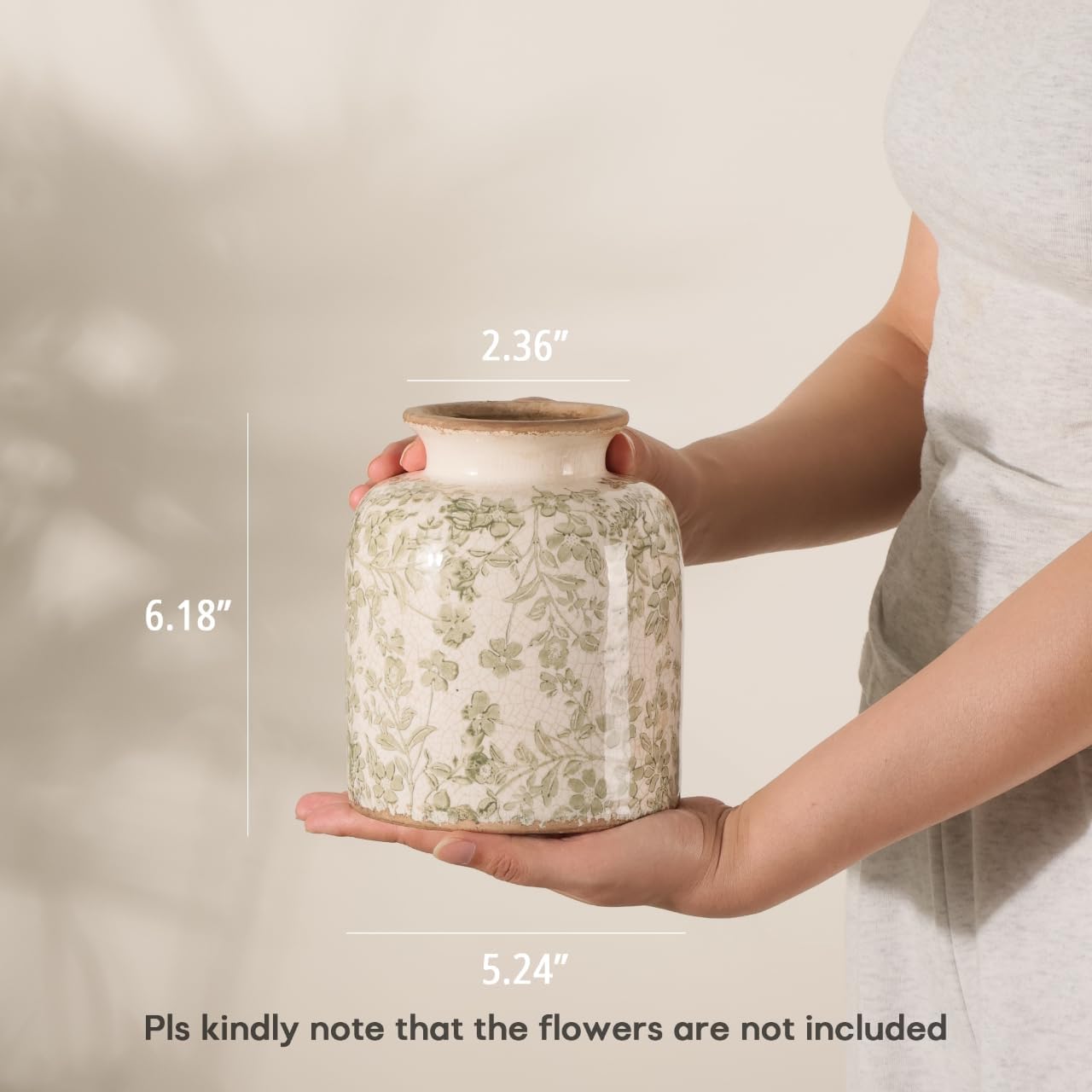 Ronasip Vintage Floral Chinoiserie Ceramic Vase, 6.2” Ice Cracked Hand-Painted Pastel Green Botanical Design, Antique Style Home Decor (Green, 6.2”x5.2”)