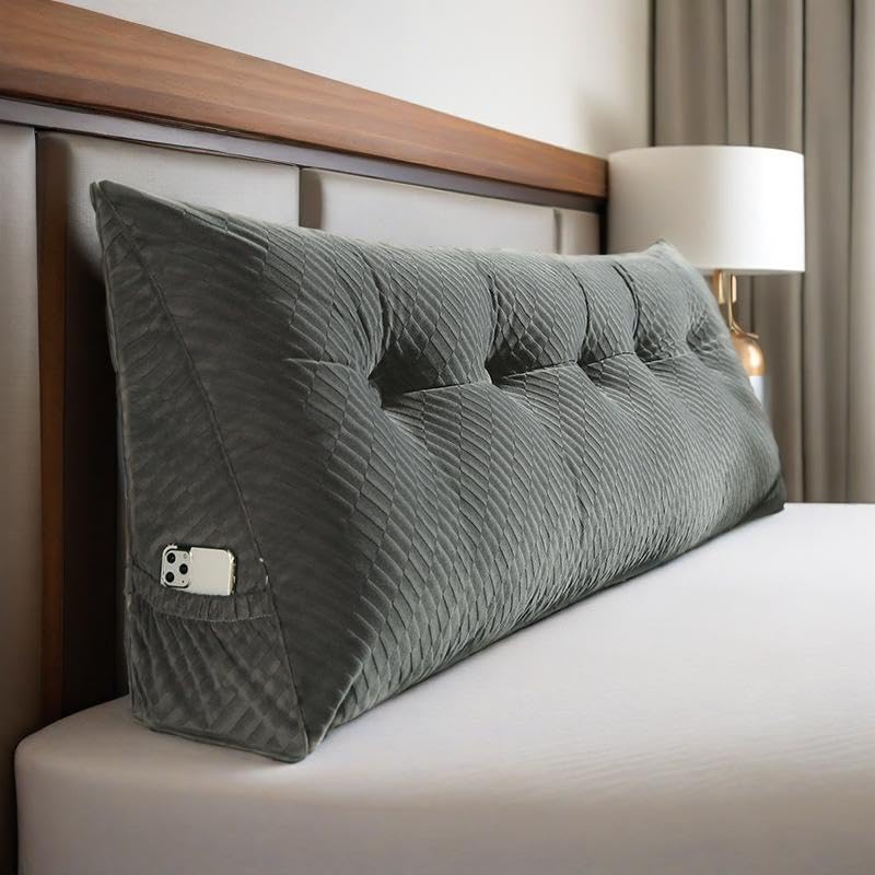 Triangular Headboard Pillow with Removable Cover & Side Pockets, Twin Bed Wedge Pillow for Headboard, Daybed Sitting Backrest Reading Pillow Bolster Cushion for Bed Support, Beige