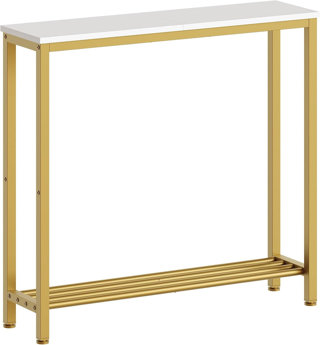 YATINEY Narrow Console Table, 2-Tier Small Sofa Table, 29.5" Thin Entryway Behind Couch Table with Shelves, Industrial Hallway Table, for Living Room, Foyer, White and Gold CT03DW
