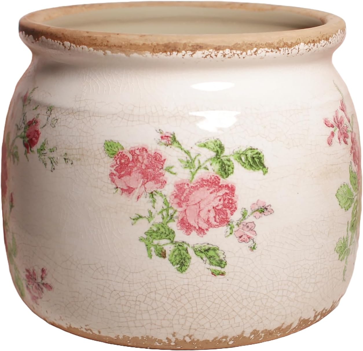 Decorative Pots Spring Decor, Pastel Floral Ceramic Garden Pots with Drainage, 6.29 Inch Pink Vintage Grandma Flower Pots for Indoor Plants & Succulent, Crackle Glaze Pottery Planters, Mom Gifts