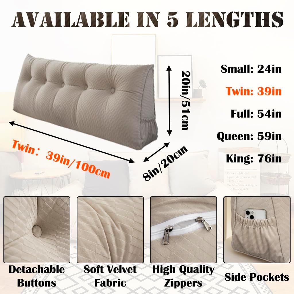 Triangular Headboard Pillow with Removable Cover & Side Pockets, Twin Bed Wedge Pillow for Headboard, Daybed Sitting Backrest Reading Pillow Bolster Cushion for Bed Support, Beige