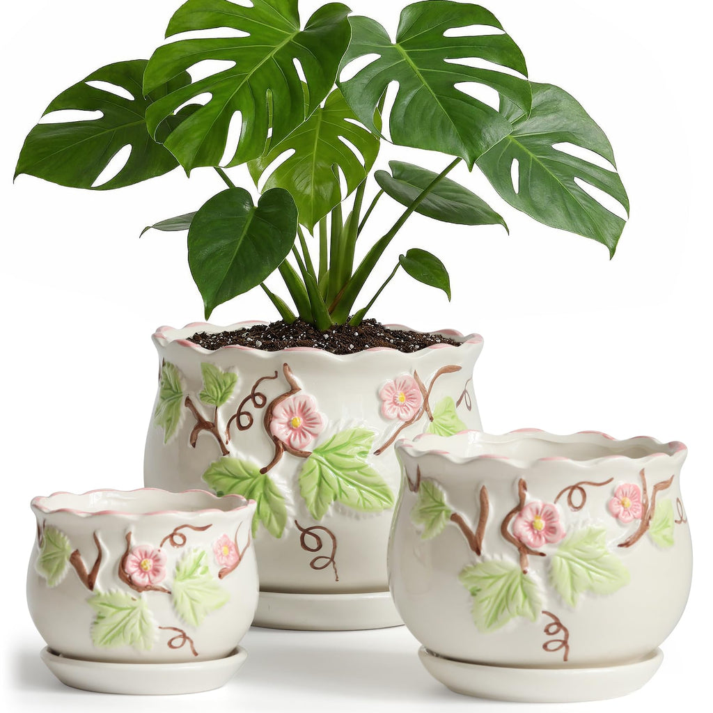 STHIE Pink Ceramic Flower Pots, 4"+5.2"+6.6" Inch Small Flower Pots for Indoor Plant with Drainage Hole,Modern Decorative Plant Pots Set of 3, Indoor Planters with Saucer