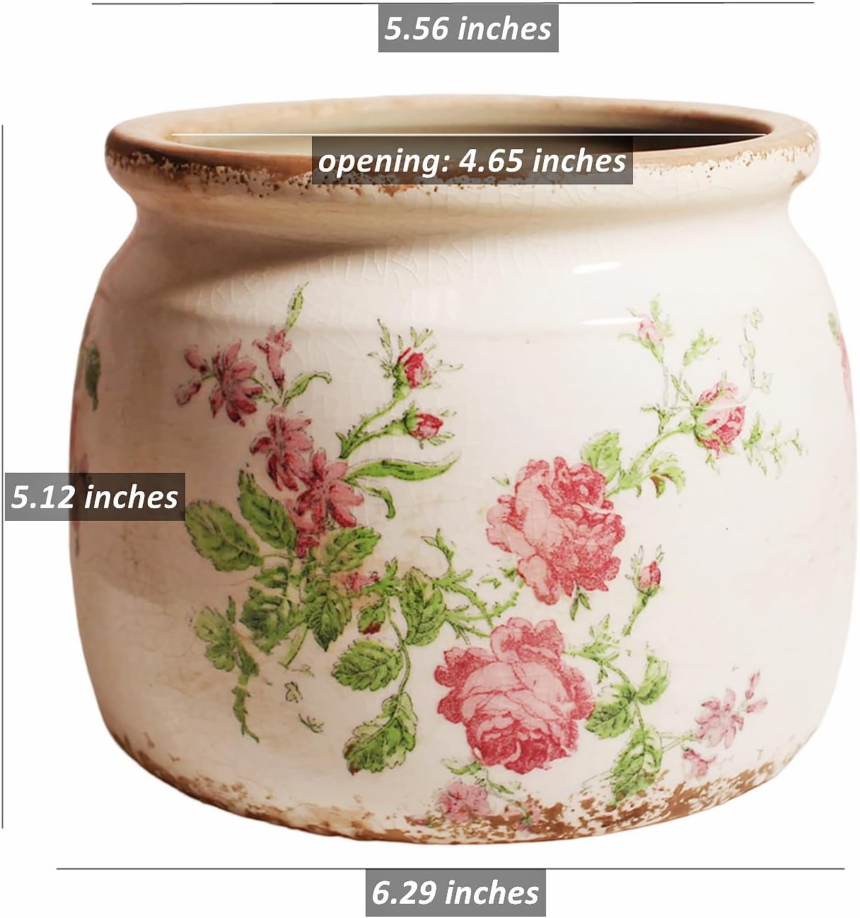 Decorative Pots Spring Decor, Pastel Floral Ceramic Garden Pots with Drainage, 6.29 Inch Pink Vintage Grandma Flower Pots for Indoor Plants & Succulent, Crackle Glaze Pottery Planters, Mom Gifts