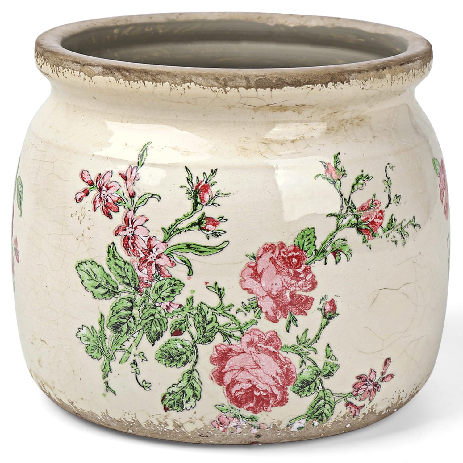Flower Pots Planters for Indoor Plants Ceramic Plant Pots with Drainage 6.1 Inch Vintage Ceramic Pots for Plants Outdoor Home Garden Decor, Rustic Pink Camellia