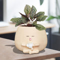 Smily Face Planter Pot with Coffee Cup Cute Resin Flower Head Planters for Indoor Outdoor Unique Sit Succulent Pots with Drainage Hole Gift IdeaI for Mother Christmas (White)