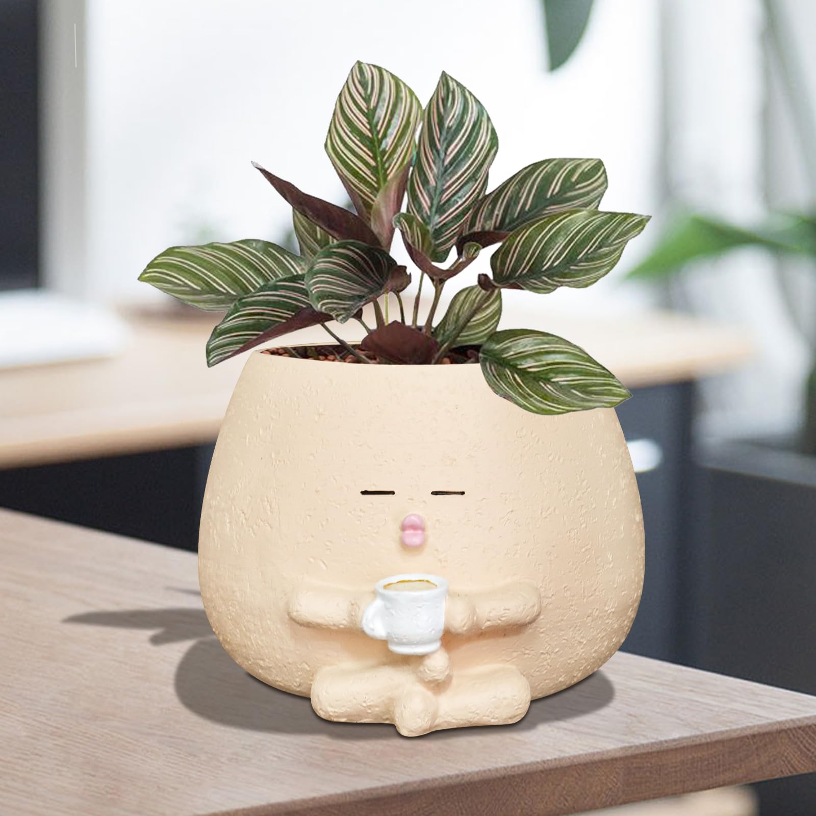 Smily Face Planter Pot with Coffee Cup Cute Resin Flower Head Planters for Indoor Outdoor Unique Sit Succulent Pots with Drainage Hole Gift IdeaI for Mother Christmas (White)