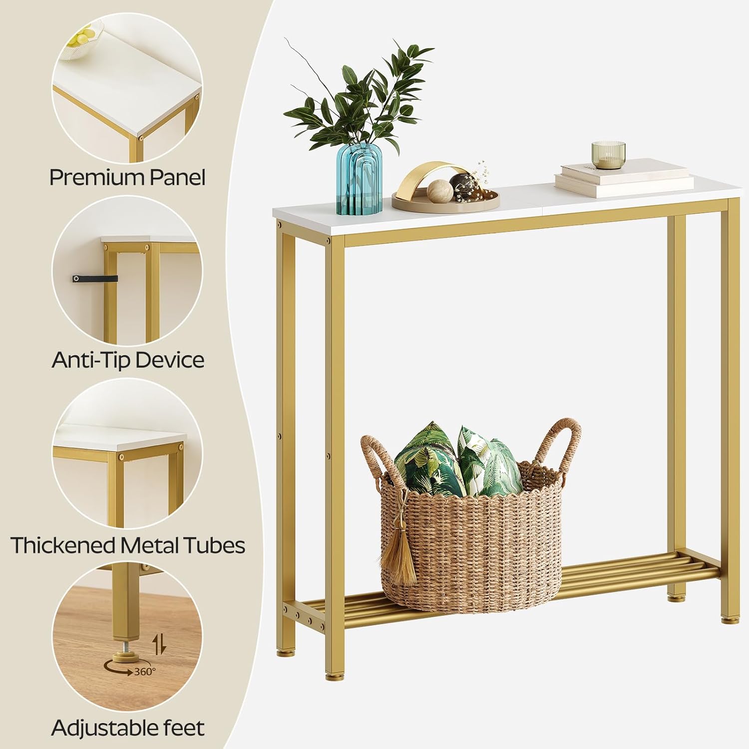 YATINEY Narrow Console Table, 2-Tier Small Sofa Table, 29.5" Thin Entryway Behind Couch Table with Shelves, Industrial Hallway Table, for Living Room, Foyer, White and Gold CT03DW