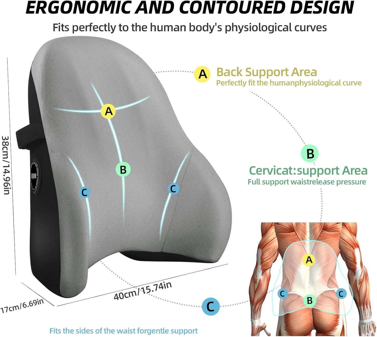LIQUN Memory Foam Seat Waist Pillow, for Office Chair, Car, Game Chair Lower Back Pain Relief and Improve Posture Lumbar Support Pillow, (Black)