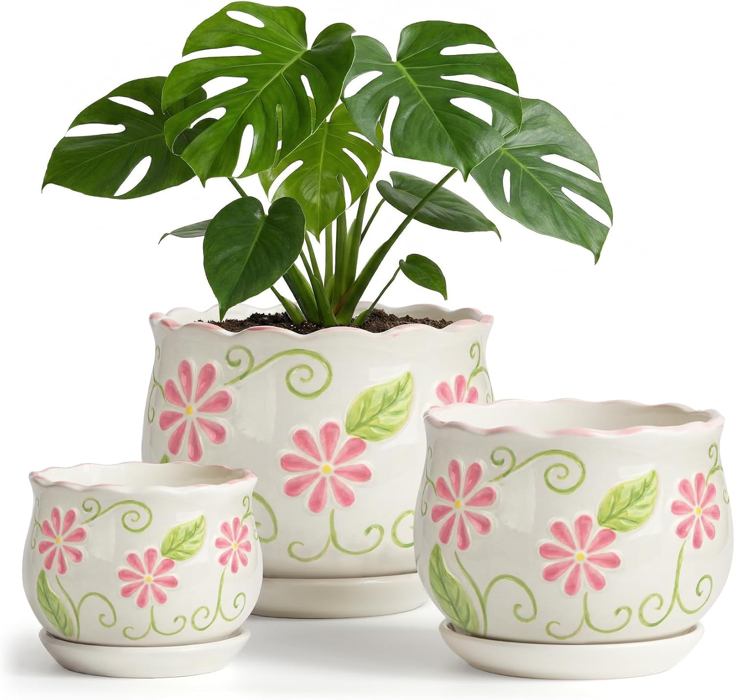 STHIE Pink Ceramic Flower Pots, 4"+5.2"+6.6" Inch Small Flower Pots for Indoor Plant with Drainage Hole,Modern Decorative Plant Pots Set of 3, Indoor Planters with Saucer