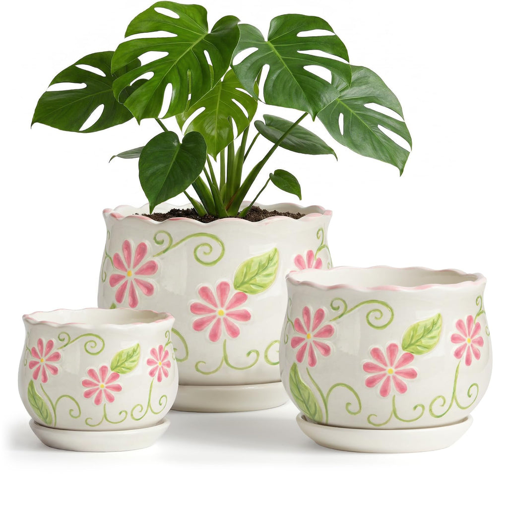 STHIE Pink Ceramic Flower Pots, 4"+5.2"+6.6" Inch Small Flower Pots for Indoor Plant with Drainage Hole,Modern Decorative Plant Pots Set of 3, Indoor Planters with Saucer
