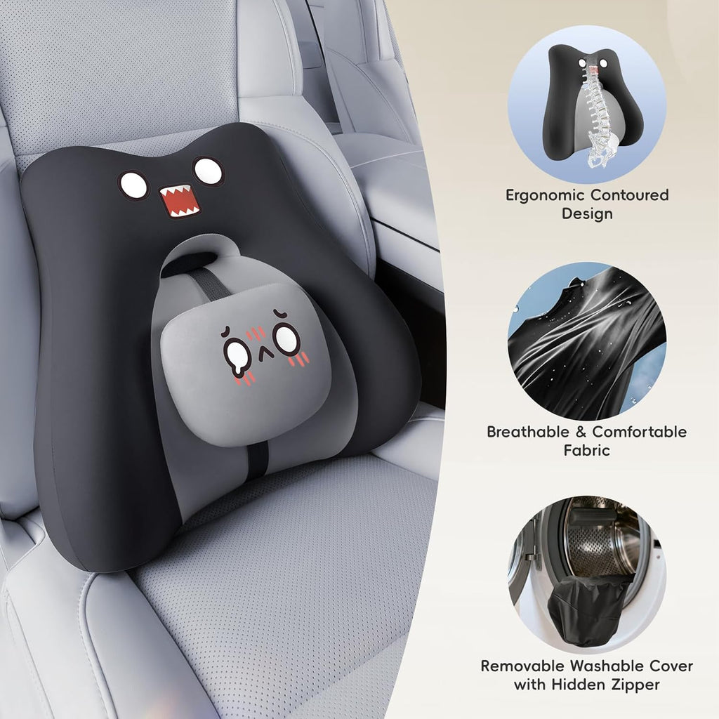Black Cartoon Ergonomic Memory Foam Lumbar Support Pillow for Car Office Chair Lower Back Pain Relief