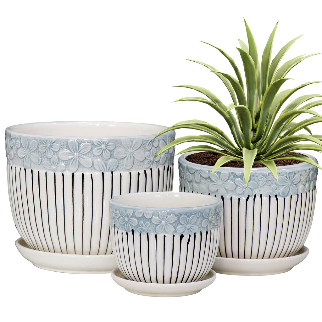 Ton Sin Ceramic Plant Pots for Indoor Houseplants, Cute Decorative Flower Planters with Drainage Holes & Matching Saucers, Hand-Painted Yellow Sunflower Design, 6.7/5.5/4.3 Inch Sizes