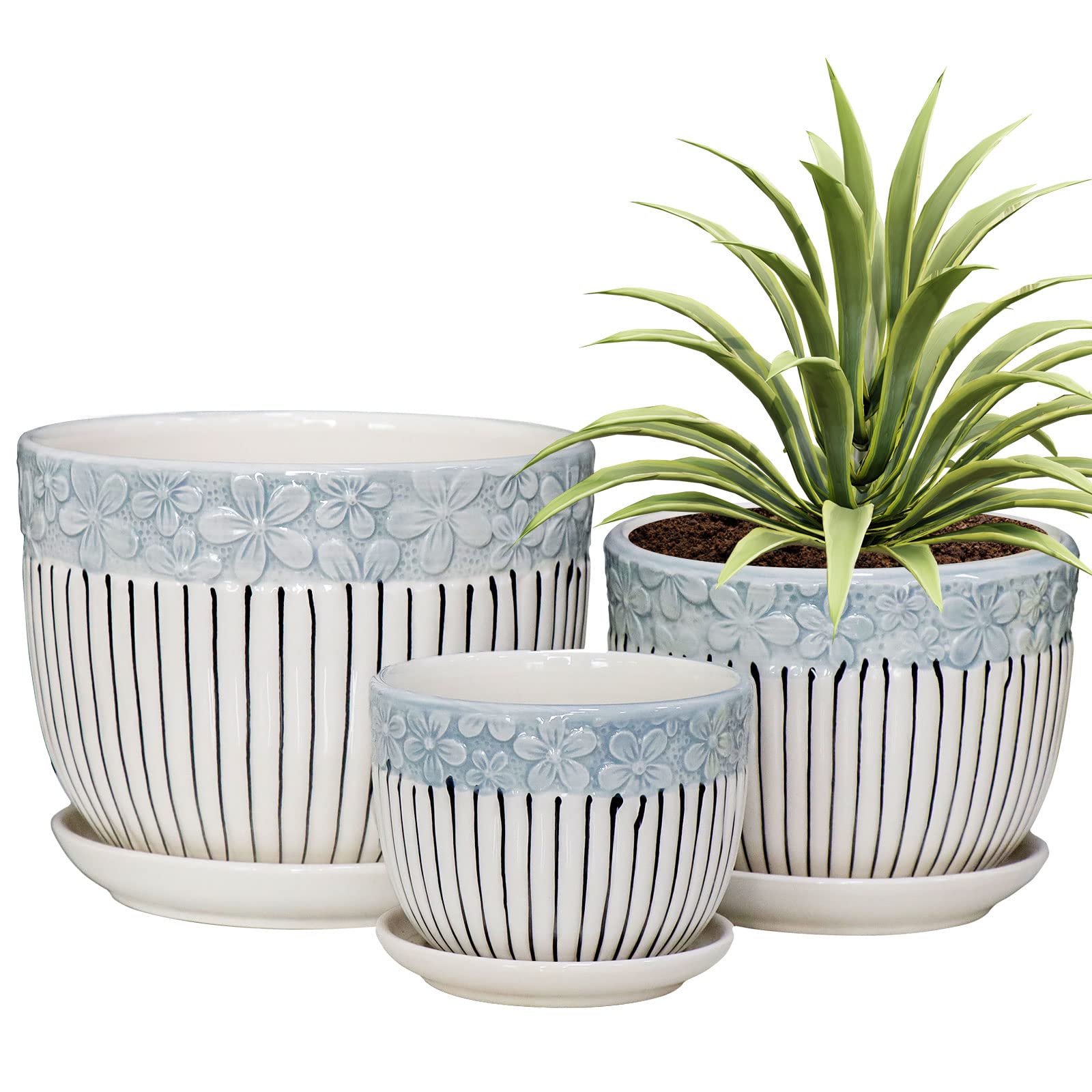 Ton Sin Ceramic Plant Pots for Indoor Houseplants, Cute Decorative Flower Planters with Drainage Holes & Matching Saucers, Hand-Painted Yellow Sunflower Design, 6.7/5.5/4.3 Inch Sizes