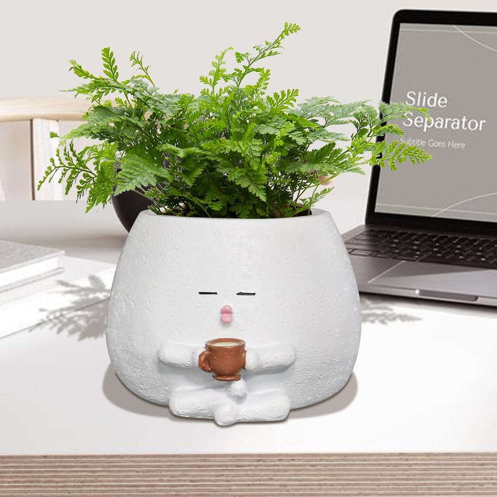 Smily Face Planter Pot with Coffee Cup Cute Resin Flower Head Planters for Indoor Outdoor Unique Sit Succulent Pots with Drainage Hole Gift IdeaI for Mother Christmas (White)