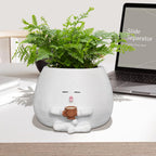 Smily Face Planter Pot with Coffee Cup Cute Resin Flower Head Planters for Indoor Outdoor Unique Sit Succulent Pots with Drainage Hole Gift IdeaI for Mother Christmas (White)