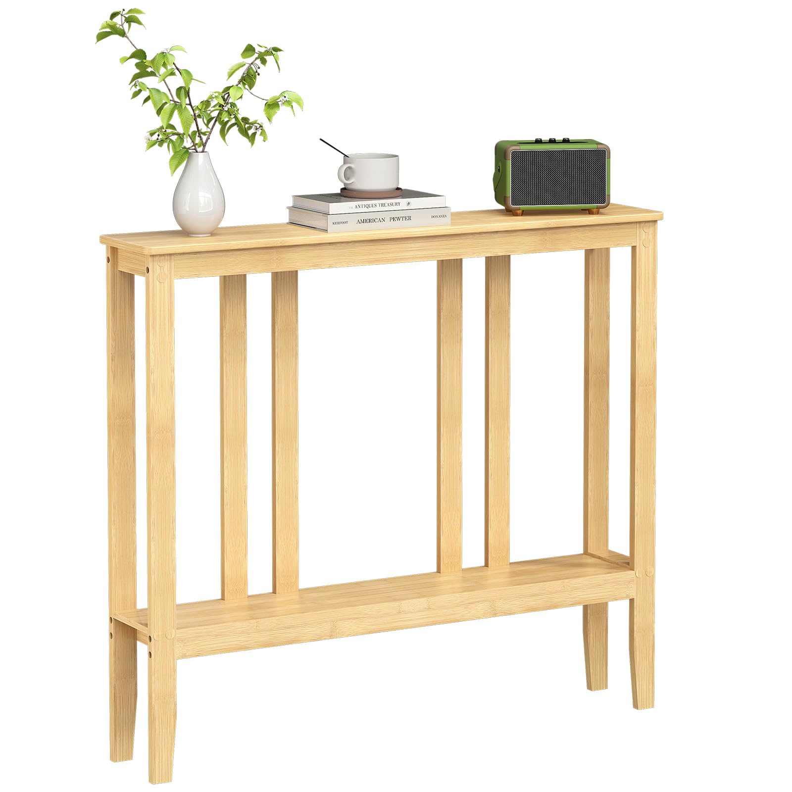 ELYKEN Bamboo 2-Tier Narrow Console Table, 36.2" Long Slim Sofa Table Behind Couch for Entryway, Hallway, Living Room, Natural