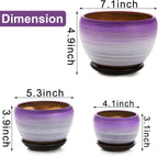 SOUJOY Set of 3 Ceramic Flower Pots, Gardening Plant Pot with Drainage Holes and Saucer, 7/5/4 inch Purple Round Succulent Herbs Cactus Planter for Indoor Outdoor