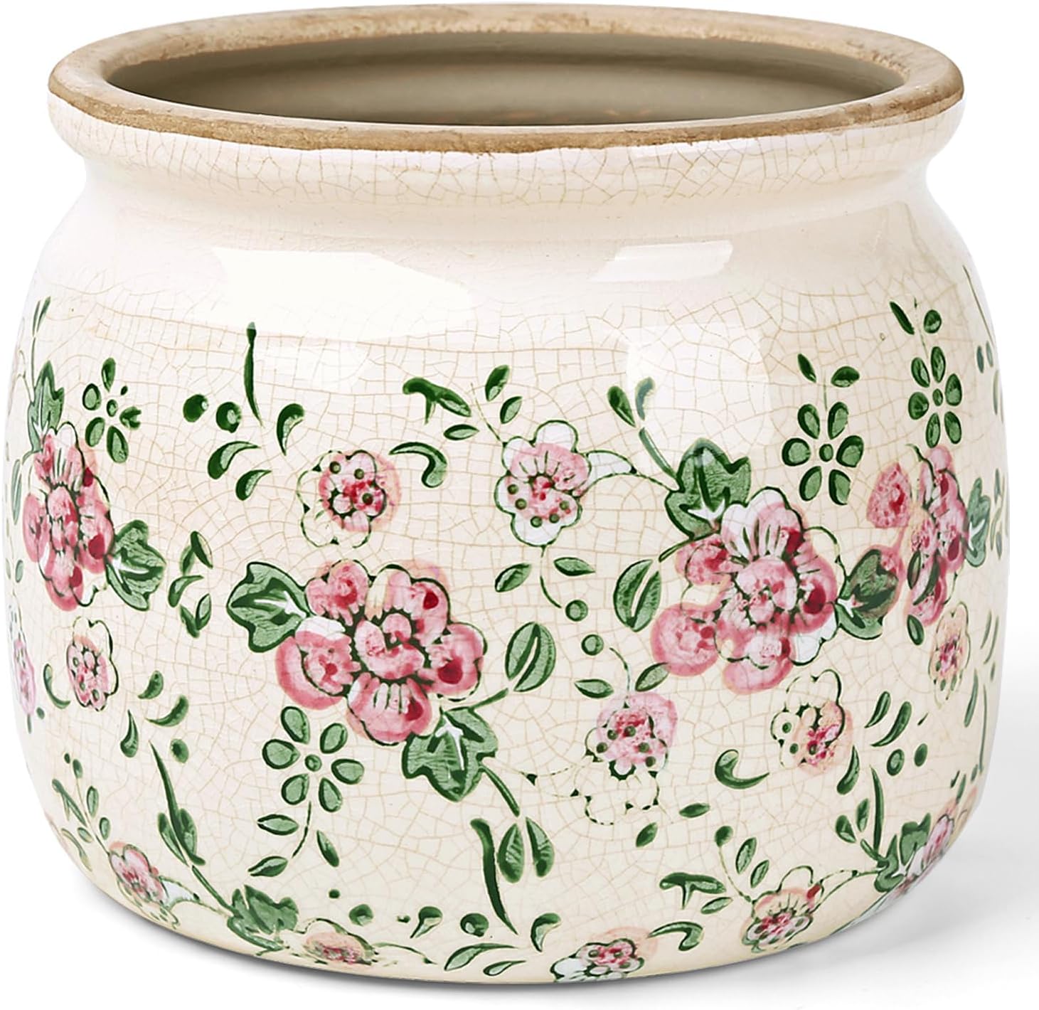Flower Pots Planters for Indoor Plants Ceramic Plant Pots with Drainage 6.1 Inch Vintage Ceramic Pots for Plants Outdoor Home Garden Decor, Rustic Pink Camellia