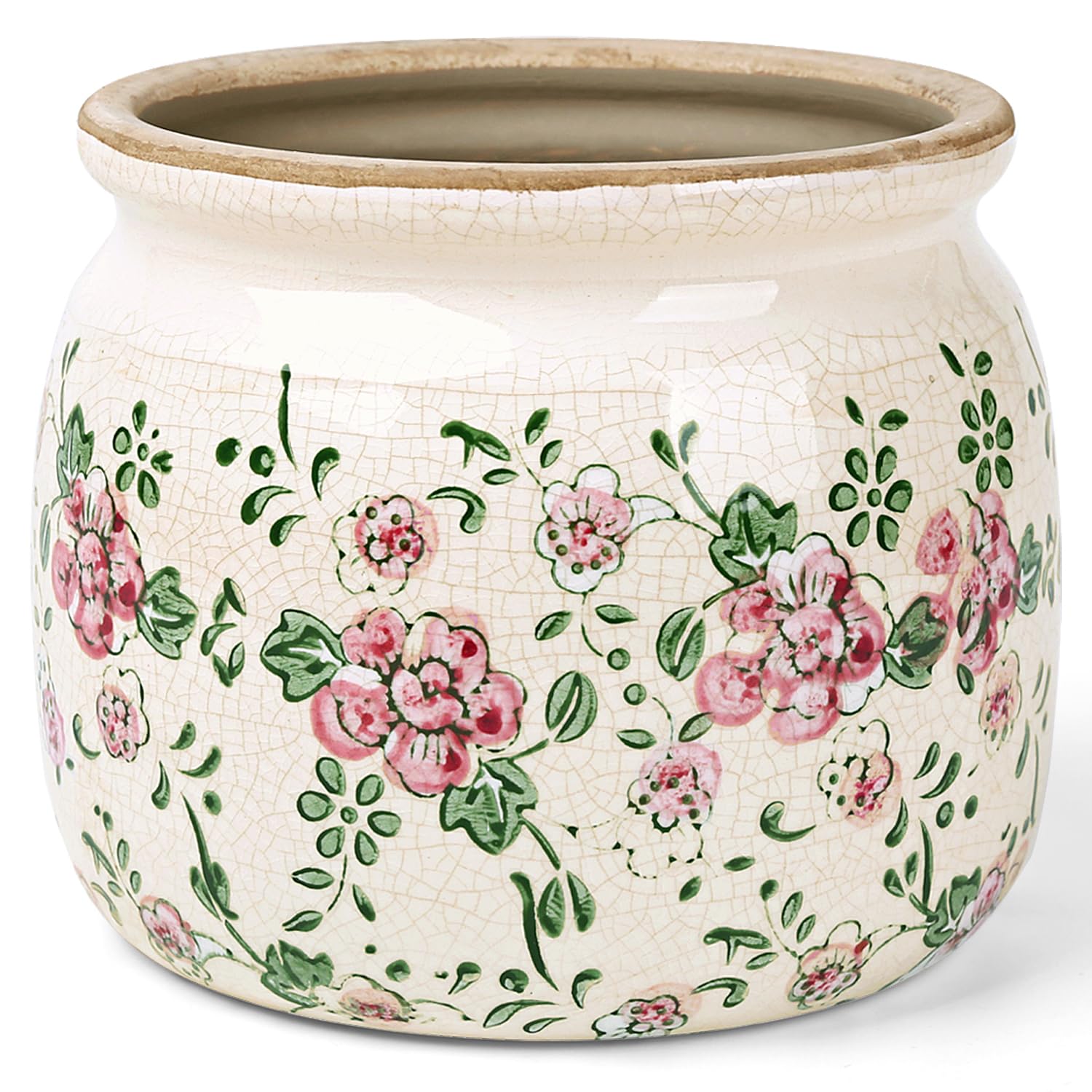 Flower Pots Planters for Indoor Plants Ceramic Plant Pots with Drainage 6.1 Inch Vintage Ceramic Pots for Plants Outdoor Home Garden Decor, Rustic Pink Camellia