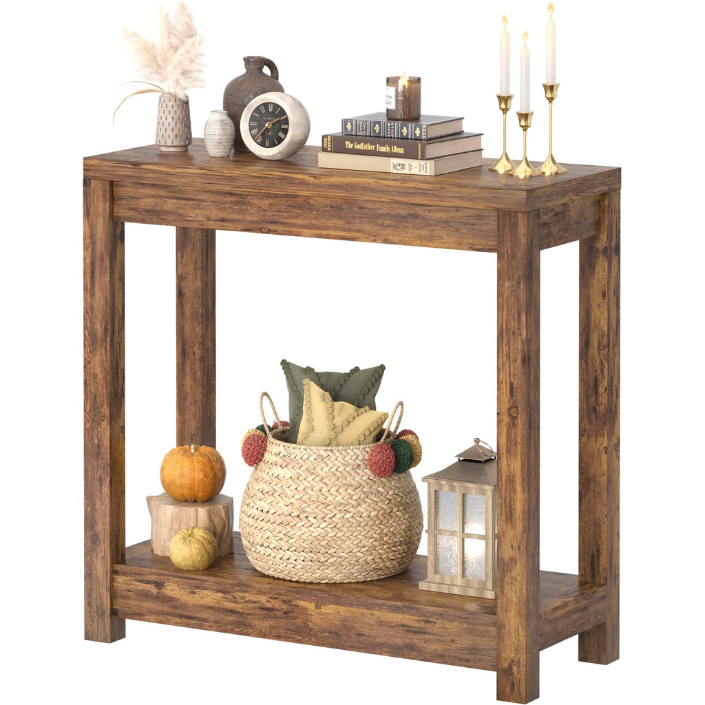 32" Washed Oak Farmhouse Narrow Console Table with Open Storage for Entryway Behind Sofa, Easy Assembly