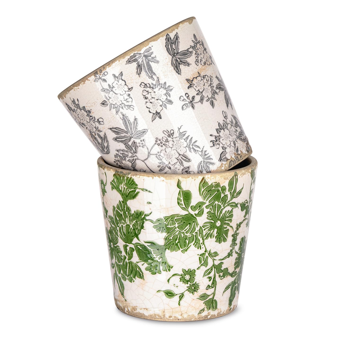 Sungmor Vintage Ceramic Planter Set of 2 - Decorative Indoor & Outdoor Flower Pots with Drainage Holes - Tuscan Décor Pots, 5.5" Ice Crackle Glaze Planters for Home, Kitchen, Patio, and Garden