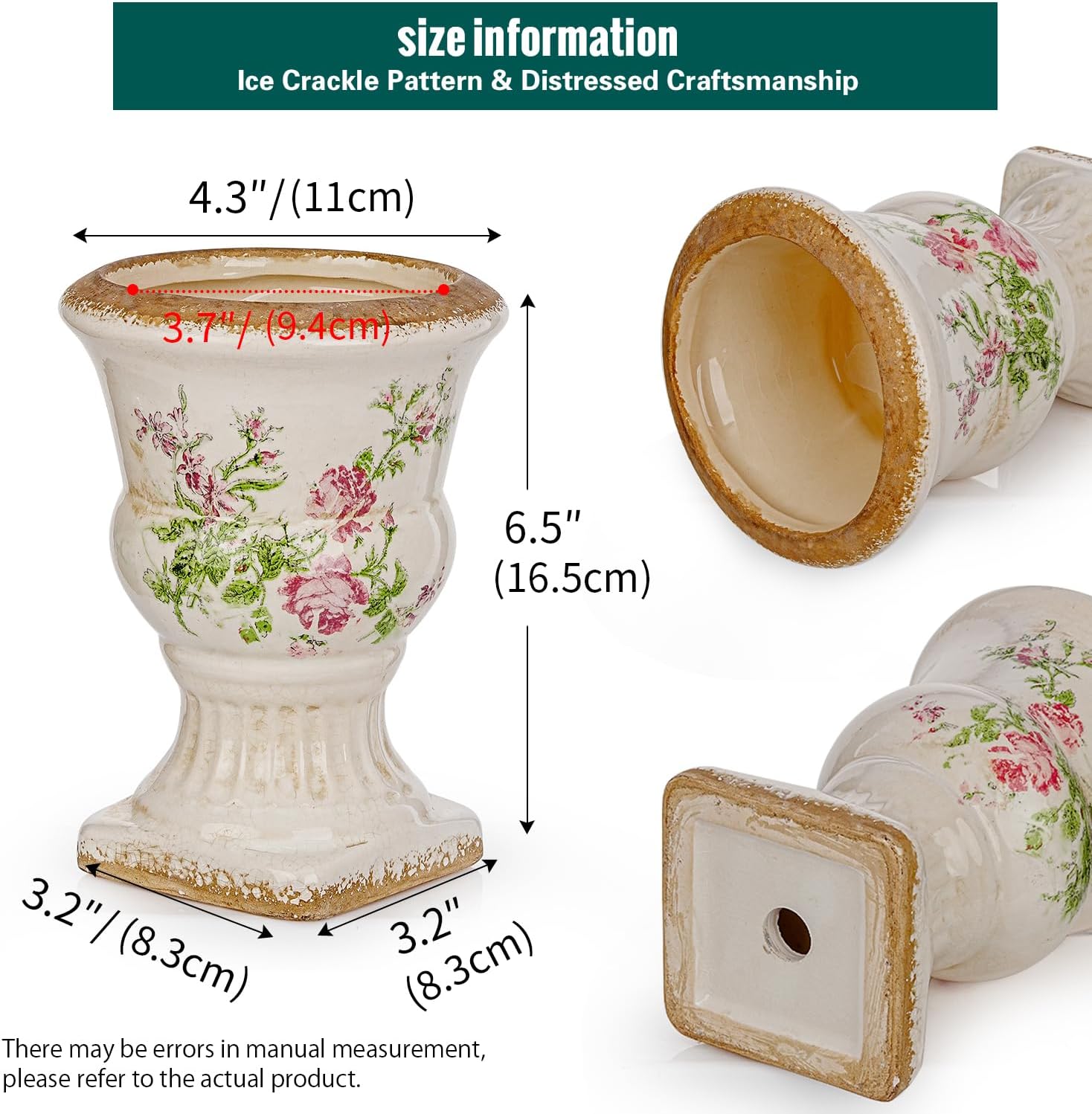 Sungmor Small Ceramic Urn Planter - Pink Scroll Floral Pedestal Flower Pot, Decorative Vintage Chinoiserie Style Planters, Tuscan Accent Vase Indoor Outdoor Plant Holder with Drainage