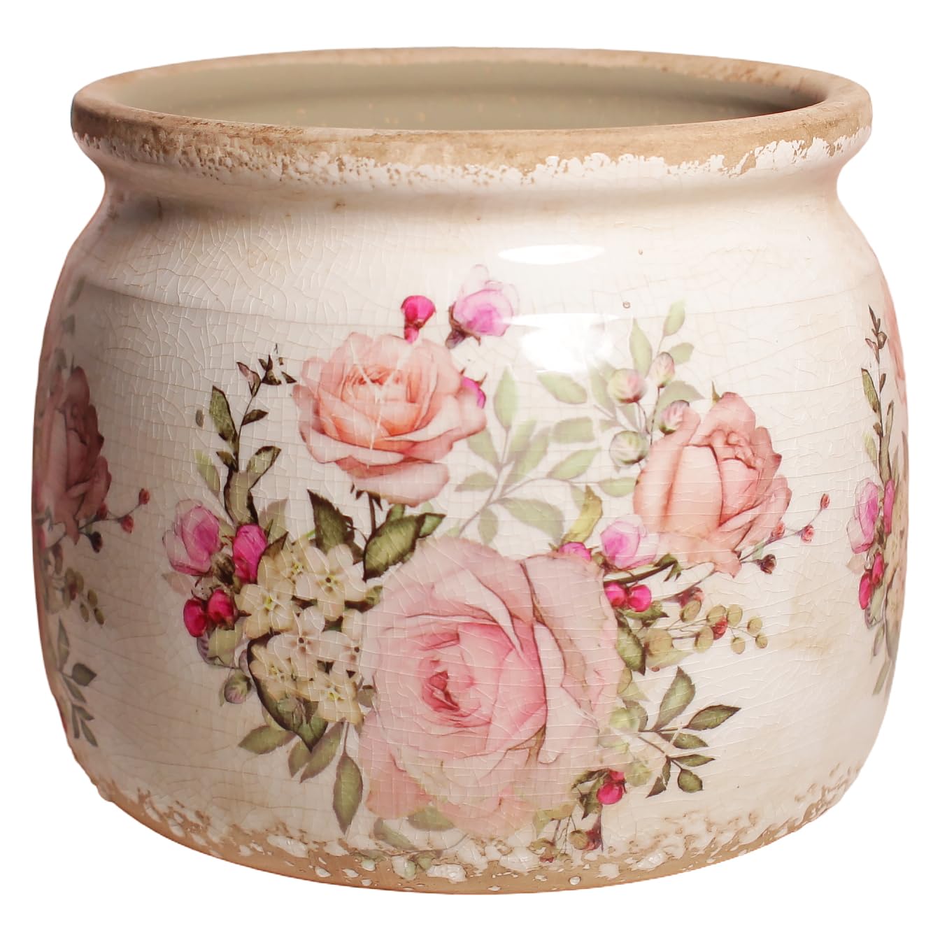 Decorative Pots Spring Decor, Pastel Floral Ceramic Garden Pots with Drainage, 6.29 Inch Pink Vintage Grandma Flower Pots for Indoor Plants & Succulent, Crackle Glaze Pottery Planters, Mom Gifts