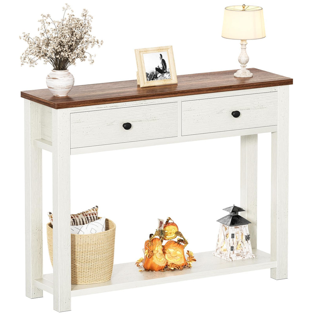 Homieasy Farmhouse Console Table with 2 Drawers, 32 Inch Small Sofa Table with Storage Shelf for Living Room, Behind Couch, Entryway Table for Hallway, Living Room, or Foyer, Brown and Antique White