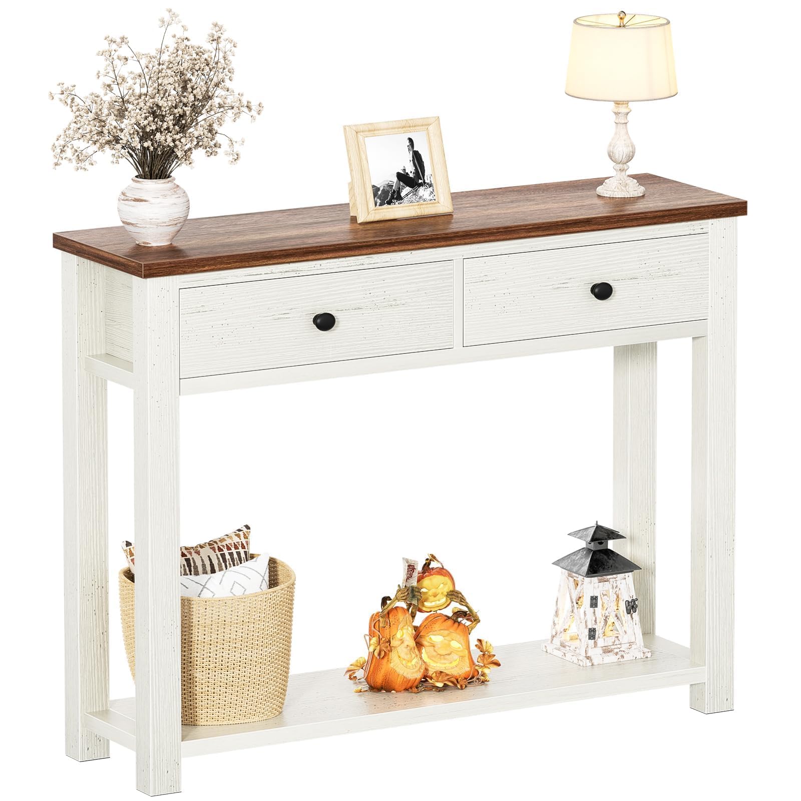 Homieasy Farmhouse Console Table with 2 Drawers, 32 Inch Small Sofa Table with Storage Shelf for Living Room, Behind Couch, Entryway Table for Hallway, Living Room, or Foyer, Brown and Antique White