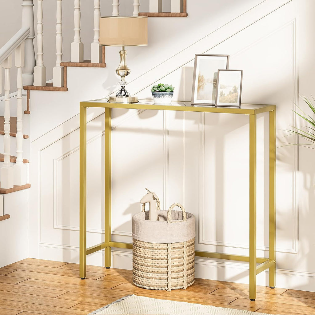 HOOBRO 29.5" Narrow Console Table, Modern Sofa Table Behind Couch, Tempered Glass Entryway Table, Small Side Table for Entrance, Living Room, Foyer, Hallway, Bedroom, Gold GD07XG01