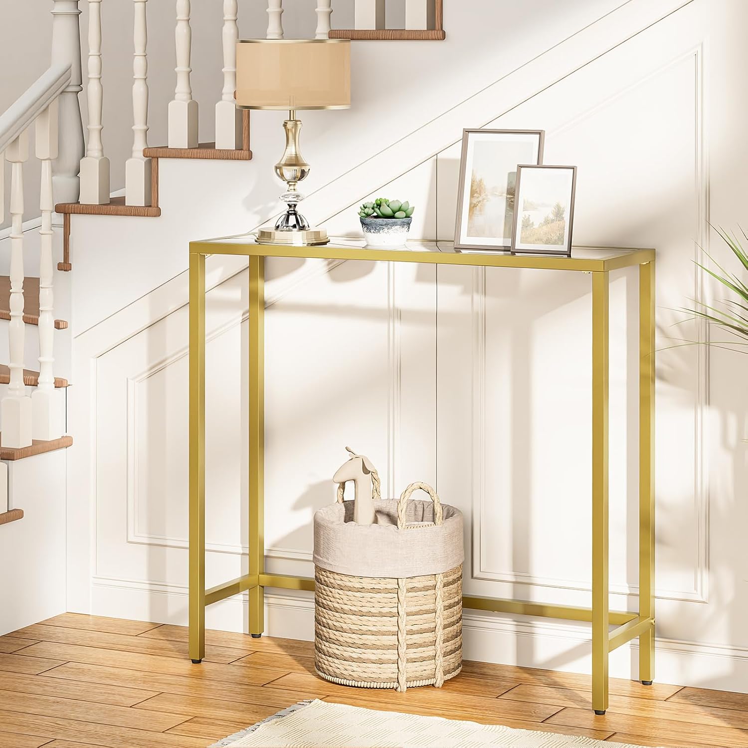 HOOBRO 29.5" Narrow Console Table, Modern Sofa Table Behind Couch, Tempered Glass Entryway Table, Small Side Table for Entrance, Living Room, Foyer, Hallway, Bedroom, Gold GD07XG01