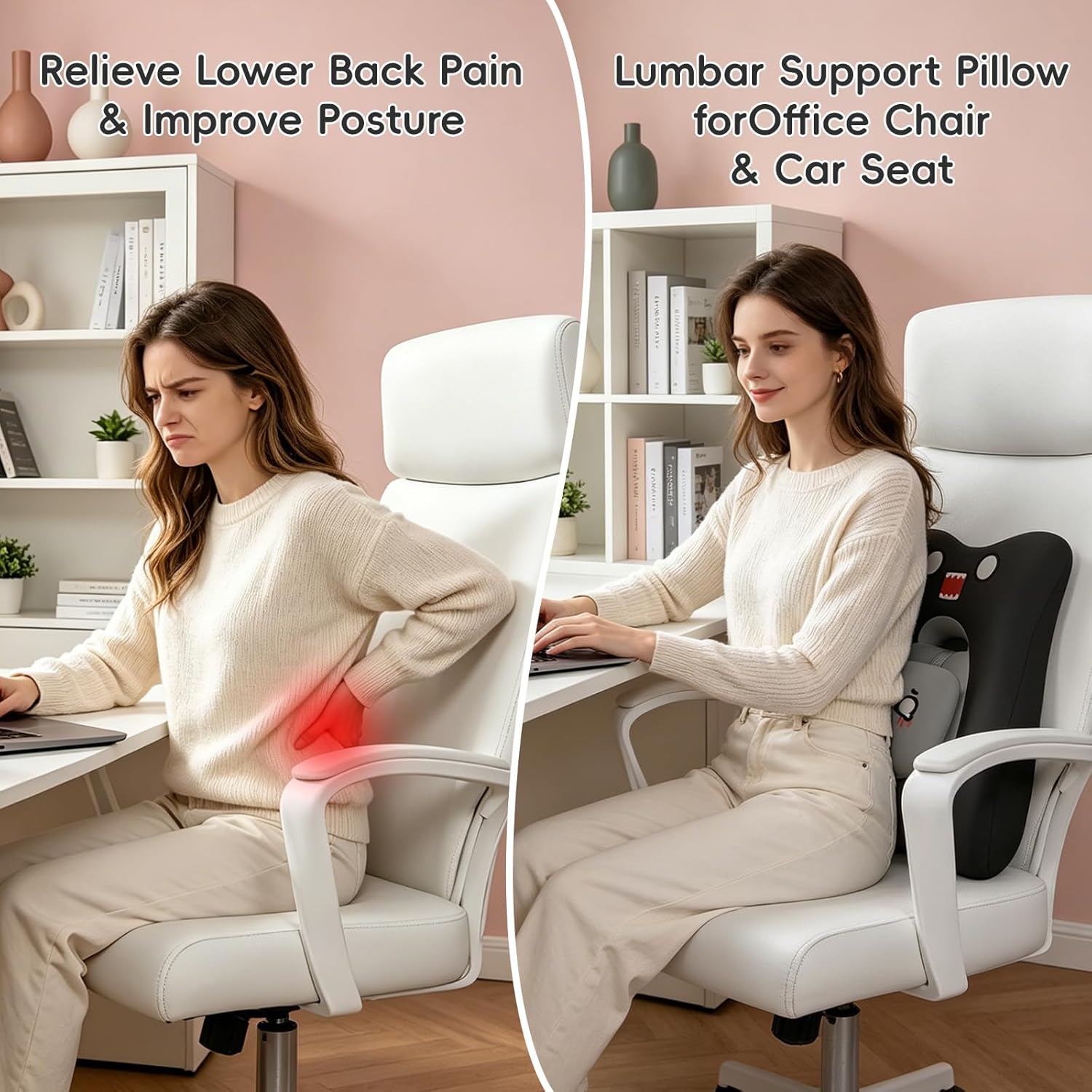 Black Cartoon Ergonomic Memory Foam Lumbar Support Pillow for Car Office Chair Lower Back Pain Relief