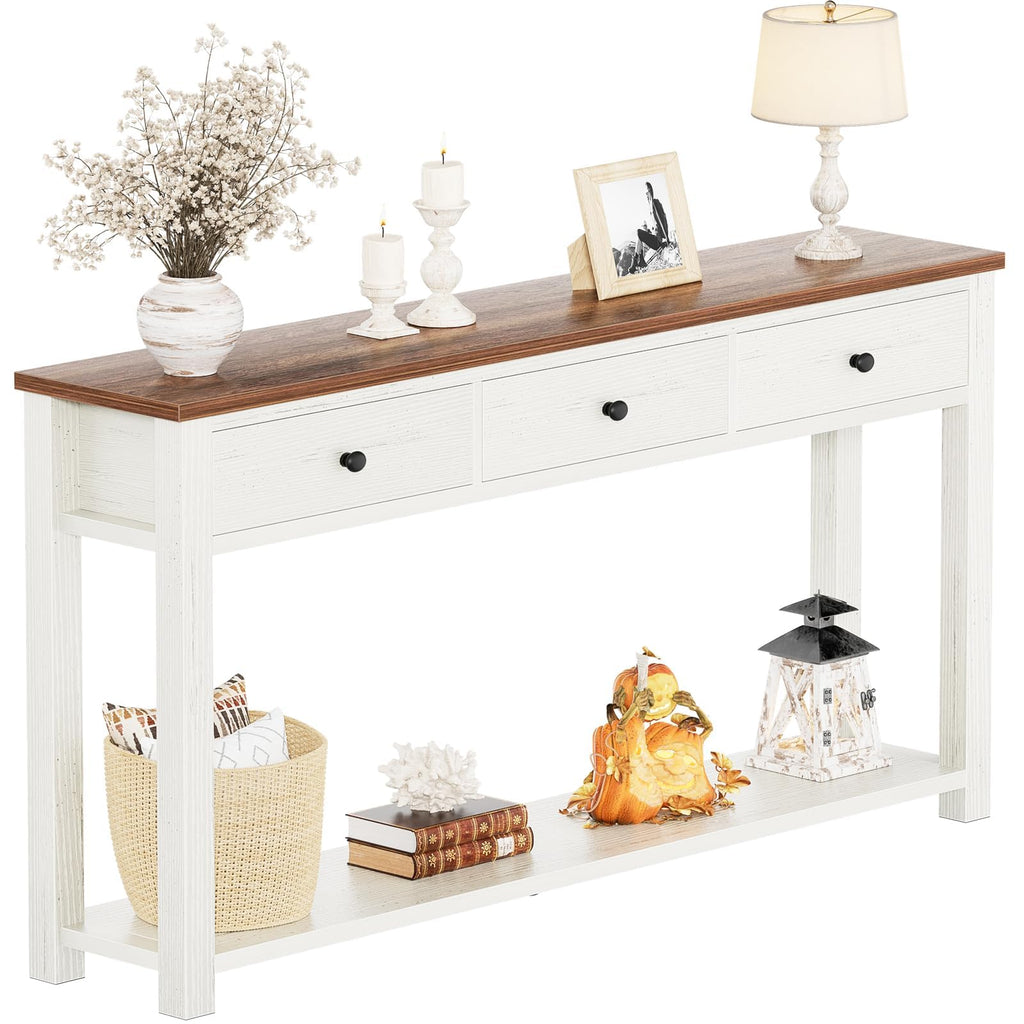 Homieasy Farmhouse Console Table with 2 Drawers, 32 Inch Small Sofa Table with Storage Shelf for Living Room, Behind Couch, Entryway Table for Hallway, Living Room, or Foyer, Brown and Antique White