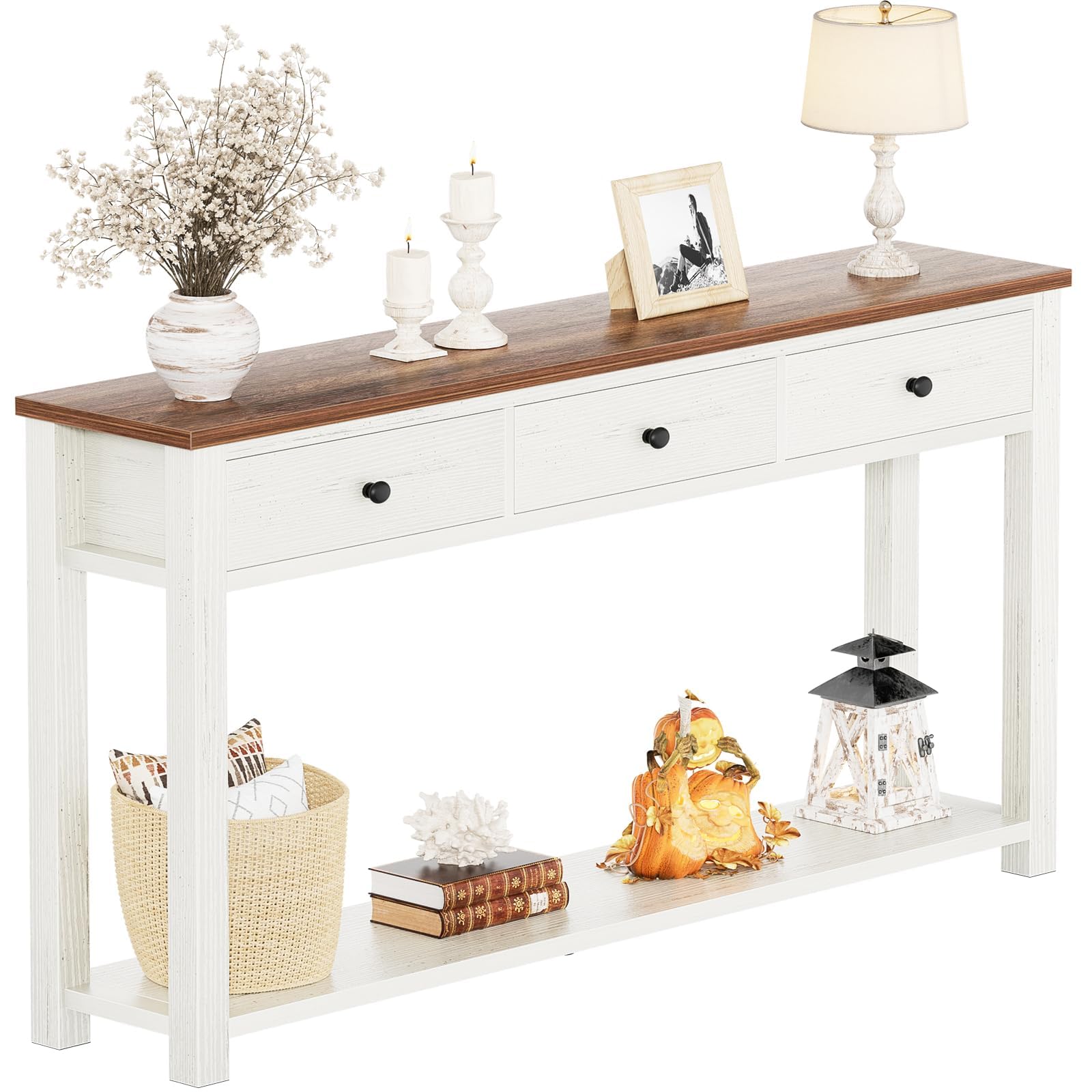 Homieasy Farmhouse Console Table with 2 Drawers, 32 Inch Small Sofa Table with Storage Shelf for Living Room, Behind Couch, Entryway Table for Hallway, Living Room, or Foyer, Brown and Antique White
